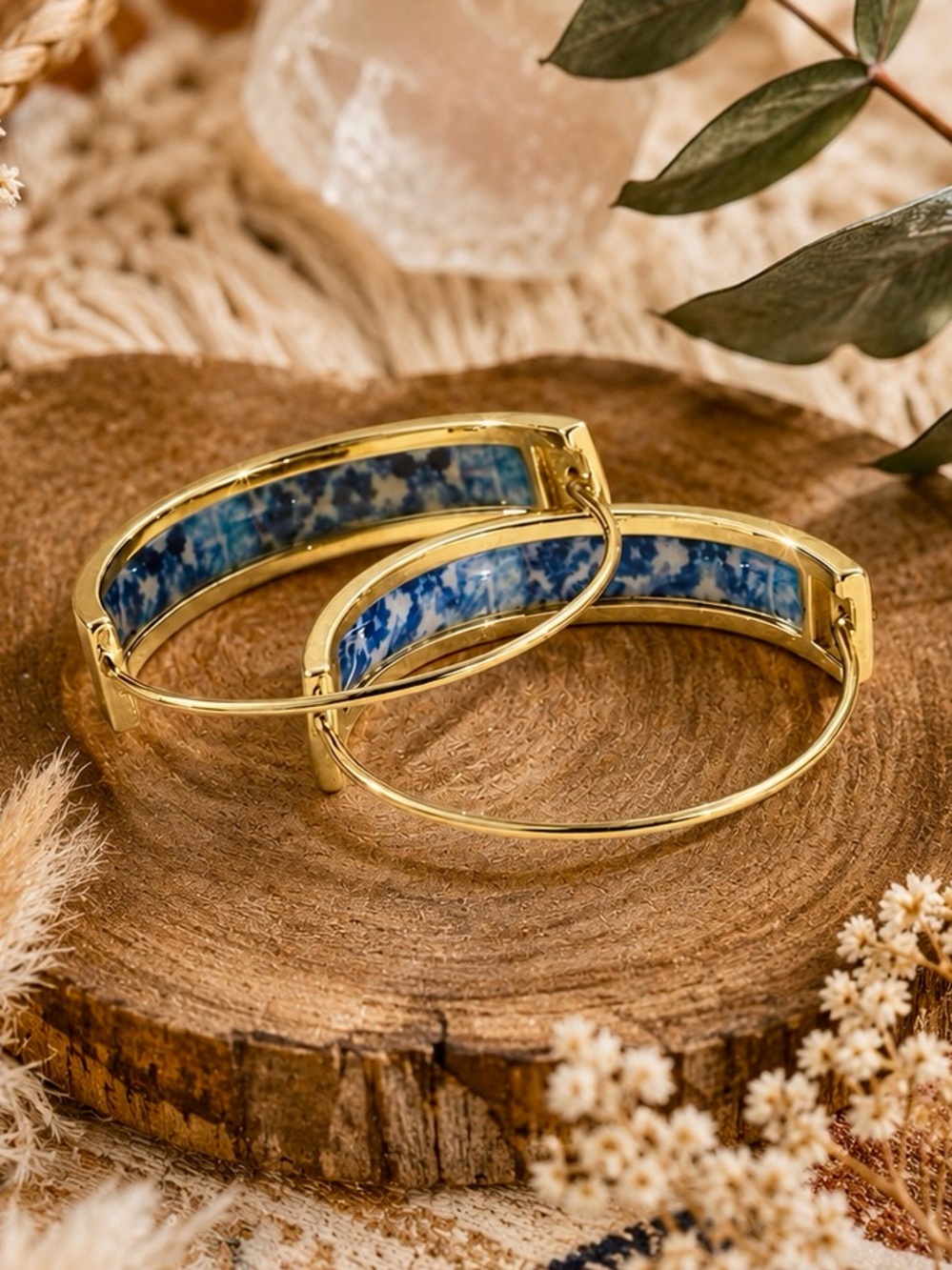 Bold Gold tone Hoop Earrings with Blue resin inlay